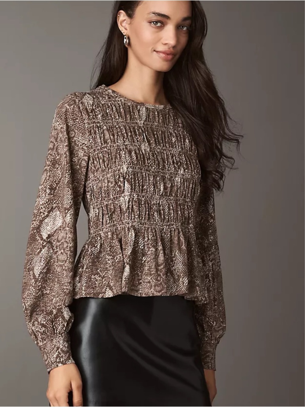 NWT XS ANTHROPOLOGY PILCRO smocked long sleeve 100% cotton brown snake skin top